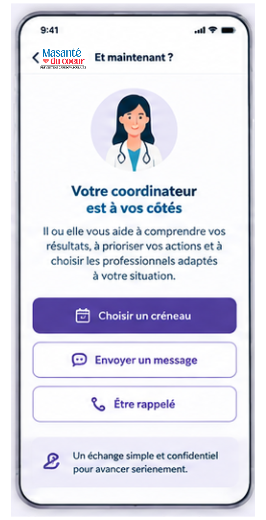 Écran Masantéducoeur pour définir les prochaines étapes du parcours
